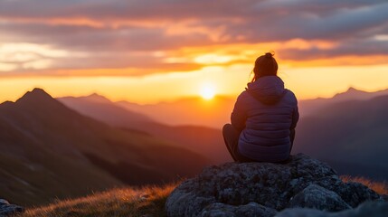 Thoughtful woman meditating and admiring the breathtaking sunset view from mountain top : Generative AI