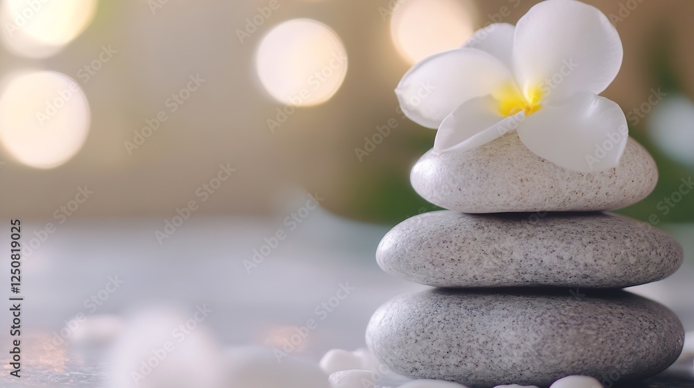 Poster Calming arrangement of smooth stones topped with a delicate flower highlighting themes of tranquility and balance : Generative AI