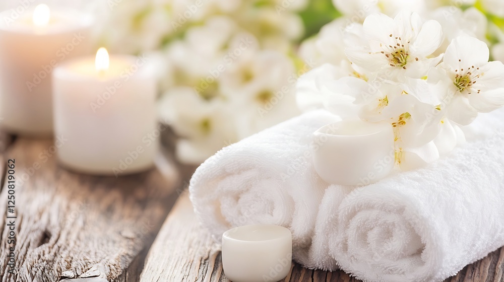 Poster calming arrangement of white towels and candles surrounded by delicate flowers creating a serene atm