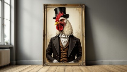 A Sophisticated Rooster in a Top Hat: A Whimsical Portrait in a Gilded Frame