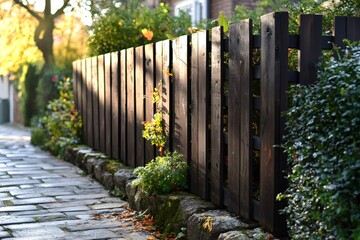 Wooden fence separating garden and cobblestone street in residential area