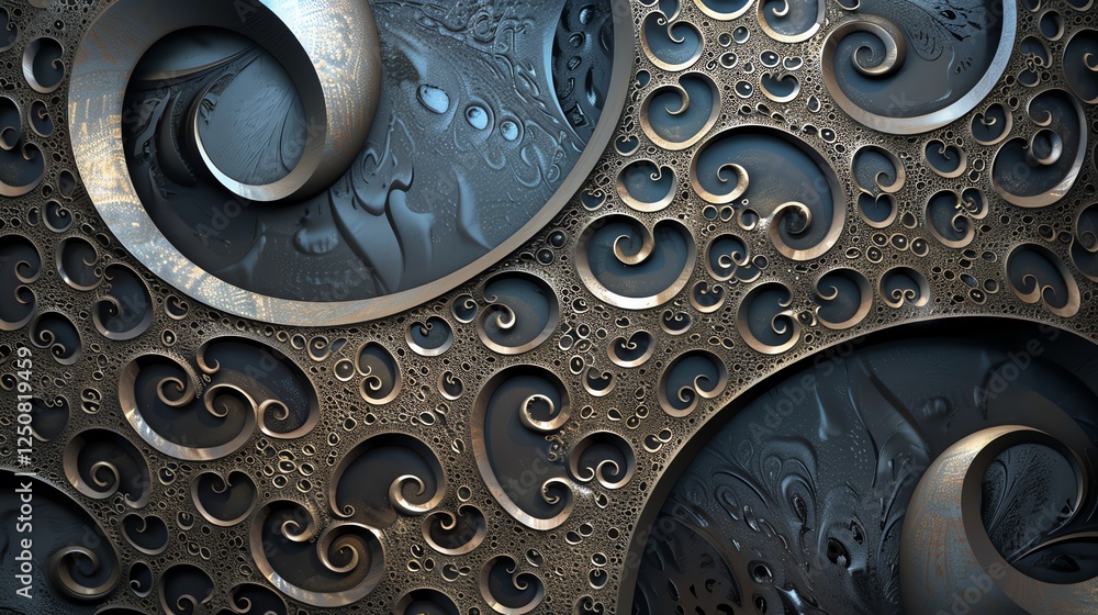 Poster abstract fractal pattern with intricate metallic swirls.