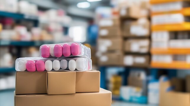 Variety of Colorful Foam Rollers and Packaging in a Warehouse Environment : Generative AI - Powered by Adobe