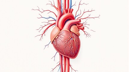 Simplified medical model of a human heart with arteries and veins, presented on a clean white background. Perfect for medical advertising and health-related visuals