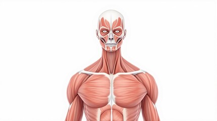 Clear anatomical depiction of the human muscular system with labeled muscles around a full body figure. Useful for medical professionals and educational purposes