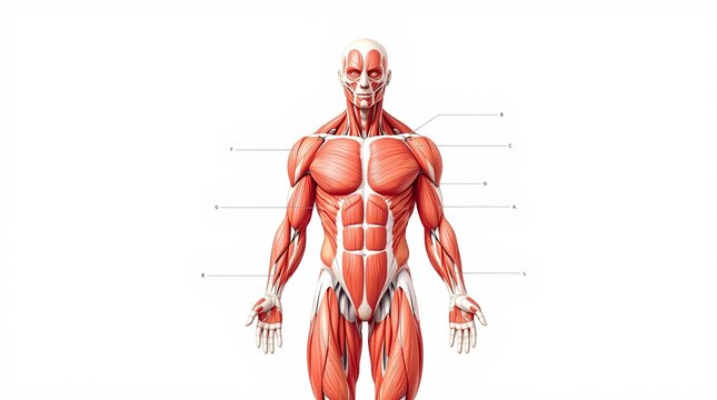 Detailed diagram of the human muscular system showcasing all major muscle groups with clear labeling. Perfect for educational materials and anatomical studies