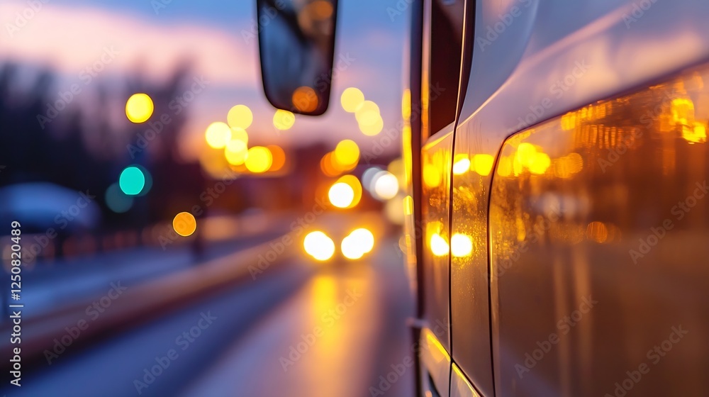 Poster closeup shot of blurred headlights shining through a rainsoaked window creating an abstract bokeh ef