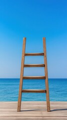A wooden ladder leaning against a beach house deck, with an expansive view of the ocean 