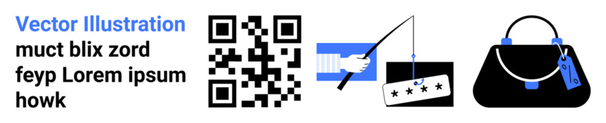 QR code, phishing attack with hooked credit card, luxury handbag. Ideal for cybersecurity, online shopping, fraud detection, e-commerce, data protection, user safety flat landing page banner