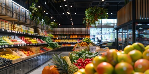 A supermarket with lots of fresh and healthy fruits and vegetables on shelves © Wolfilser