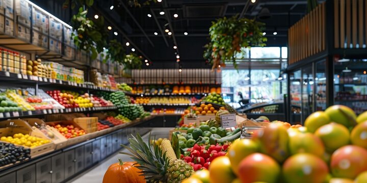 A supermarket with lots of fresh and healthy fruits and vegetables on shelves