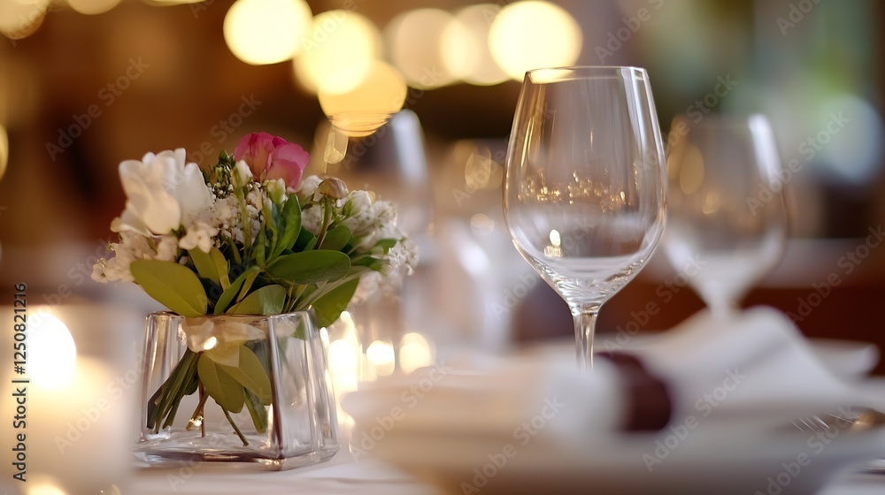 Poster charming dining table setting featuring a floral centerpiece and elegant glassware with soft candle 