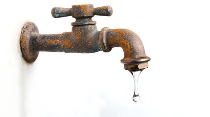 An old, rusty water faucet continuously dripping water with textured corrosion, rendered as   and isolated on white