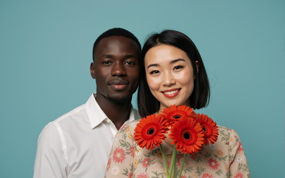 Happy mixed race couple studio portrait with red gerbera flowers against pastel blue background. Asian woman and black man romantic couple. For Valentine's day or Women's day