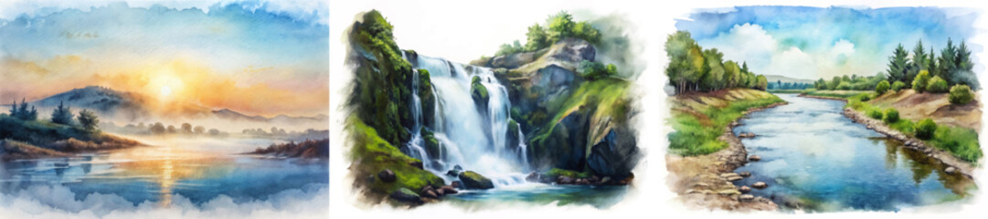 Obraz premium Beautiful watercolor landscapes, serene river scenes, cascading waterfalls, vibrant nature, peaceful outdoor settings.