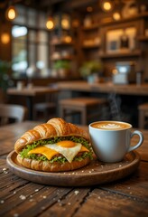 Delicious Croissant Sandwich with Fresh Lettuce, Egg, and Melted Cheese Served with a Cup of Cappuccino in a Cozy Café Setting