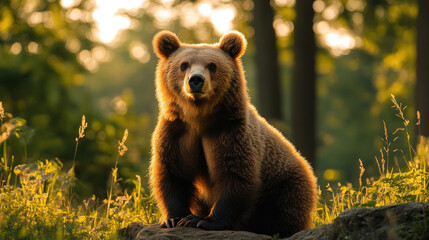 Obraz premium Cute young brown bear sitting in sunlit forest grass looking curious, wildlife nature conservation, animal photography, woodland, wilderness