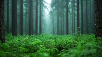 Fototapeta premium A serene forest scene with towering trees surrounded by lush green ferns