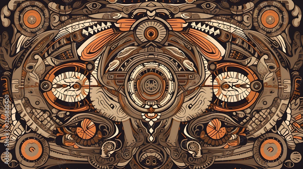 Poster intricate abstract design, symmetrical pattern with earthy tones and textures, suitable for creative