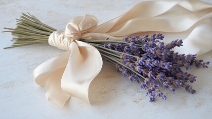 A bouquet of dried lavender tied with a satin ribbon, resting on a distressed white table.