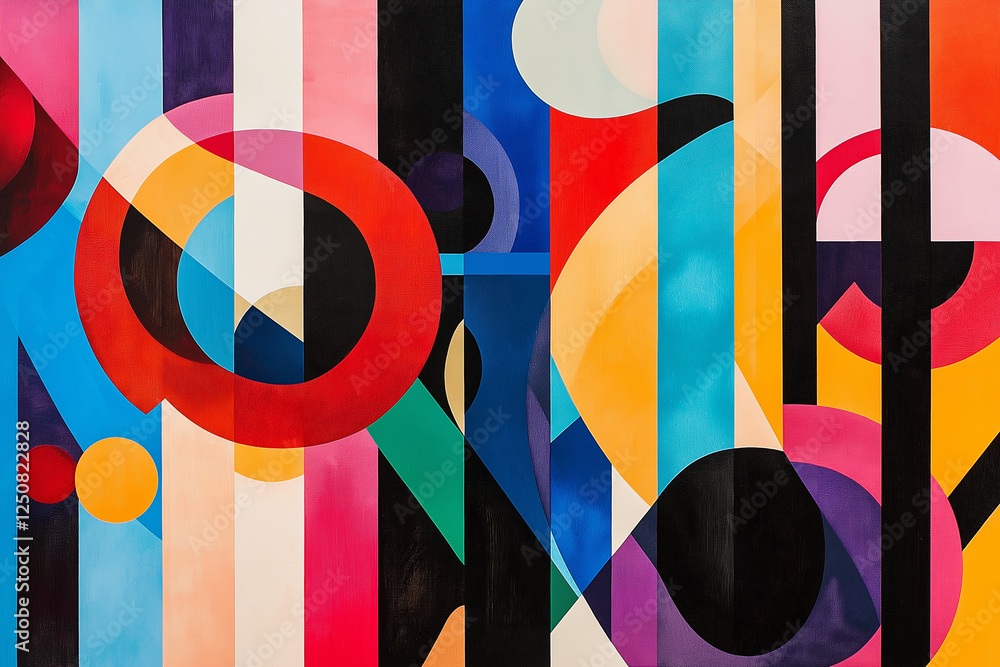 Poster geometric abstract design with stripes, circles, and bold shapes arranged in a playful pattern. the 