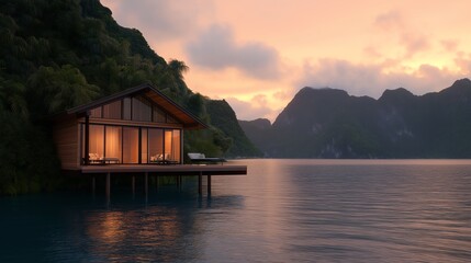 Fototapeta premium A serene lakeside cabin at sunset, surrounded by mountains and lush greenery. The warm glow from the windows invites relaxation and tranquility, perfect for a peaceful getaway.