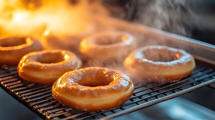 Fried donuts with steam rising on a wire rack. 