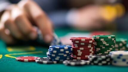Naklejka premium Close Up of Poker Chips Stacked in Preparation for a Game of Chance and Strategic Play : Generative AI