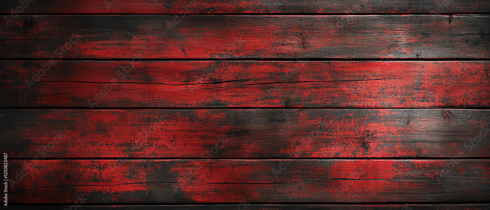 Poster a textured background of dark wood panels with a striking red hue, perfect for use in design and art