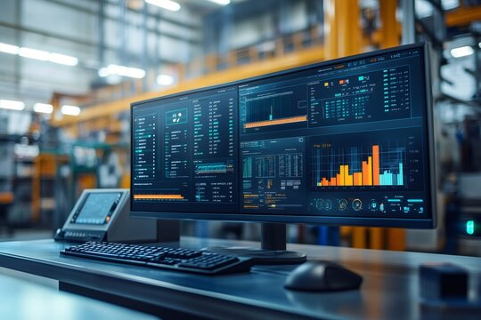 Modern workplace showing statistics and data on computer screen in factory - Powered by Adobe