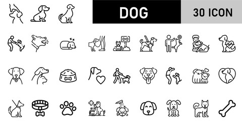 Minimalist Dogs Icon Pack | 30 Outline Vector Icons, Editable stroke. 