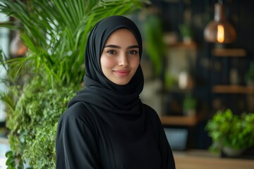 Graceful woman in hijab smiling in modern indoor garden space