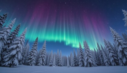 Naklejka premium Magical Aurora Borealis over Snowy Pine Forest