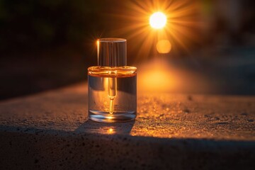 A perfume bottle sits on a gray cement surface