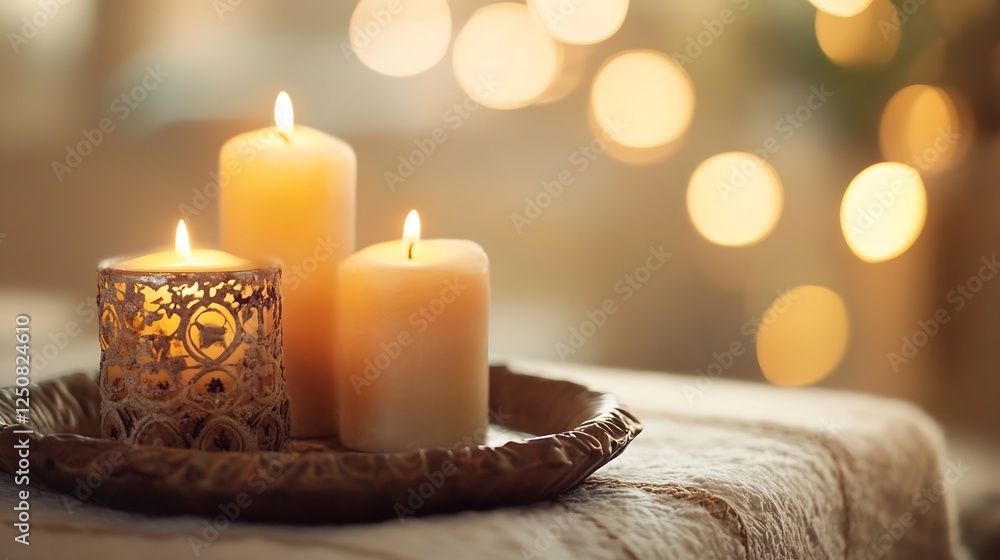 Aufkleber Trendy candles on a decorative tray creating a warm and inviting atmosphere with bokeh lights in the background : Generative AI