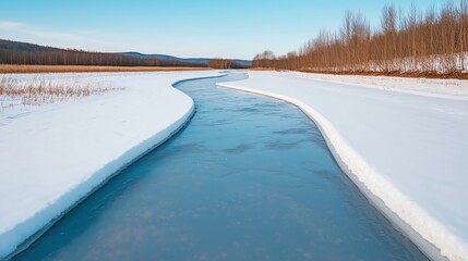 Obraz premium A serene winter landscape featuring a winding frozen river surrounded by snow-covered banks and a distant forest under a clear blue sky, highlighting nature's tranquil beauty.