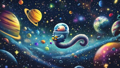 Naklejka premium Worm Astronaut Soaring Through A Colorful Cosmos
