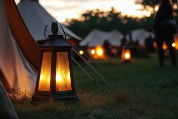A lantern shines brightly outside a camping tent