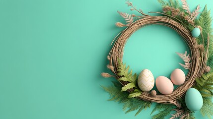 Easter Wreath with Pastel Eggs and Greenery on Turquoise Background for Spring Decor