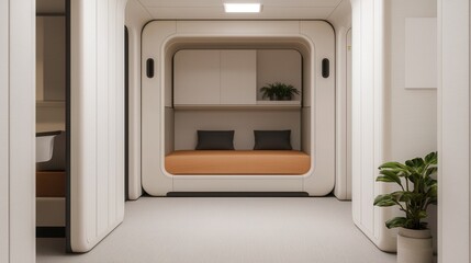 A modern, minimalist interior featuring a cozy sleeping nook with an orange bed, surrounded by clean lines and soft lighting.