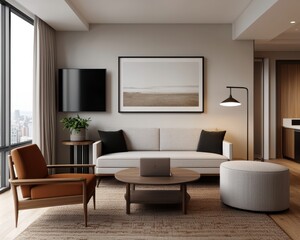 A modern, stylish living room featuring a neutral palette, minimalist furniture, and large windows allowing natural light.