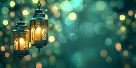 Ramadan background, the color green, with lanterns on the left side of the picture, in a cartoon style. bokeh background