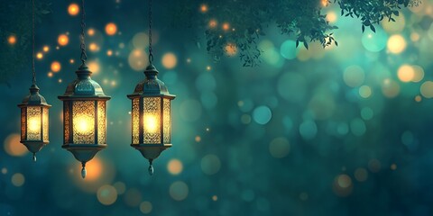 Ramadan background, the color green, with lanterns on the left side of the picture, empty space for text in the center, in a cartoon style. bokeh background