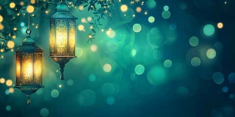 Ramadan background, the color green, with lanterns on the left side of the picture, empty space for text in the center, in a cartoon style. bokeh background