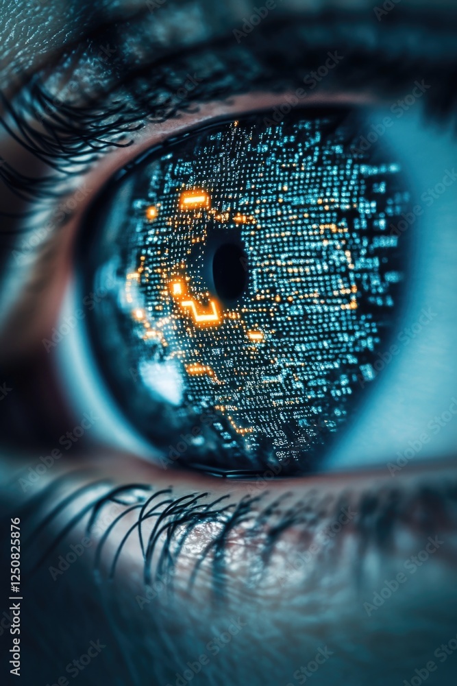 Fototapete A close-up view of an eye with a circuit embedded in the iris