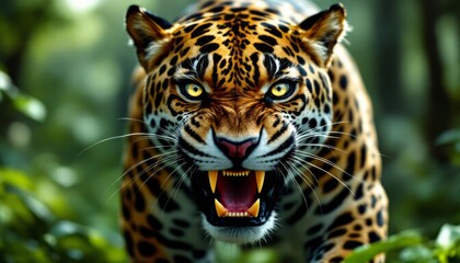 Magnificent Jaguar in the Rainforest A Close-Up Portrait of a Roaring Wildcat