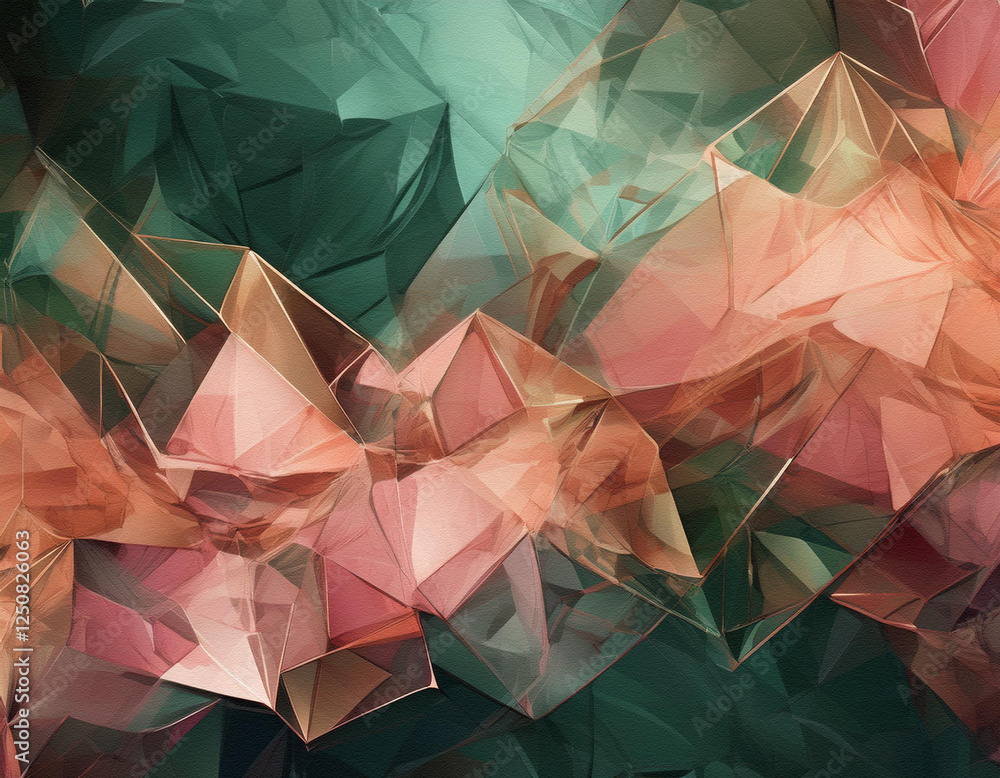 Poster abstract geometric background of polygonal shapes with pink and green hues, creating a textured visu
