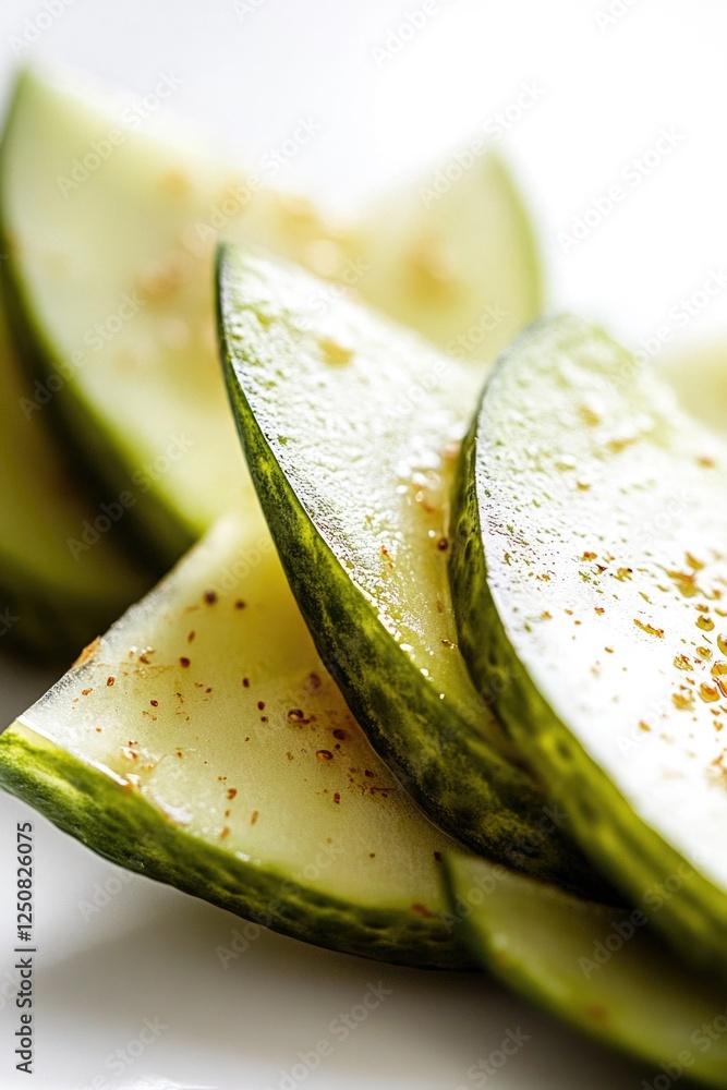 Poster freshly cut cucumbers arranged on a plate for serving