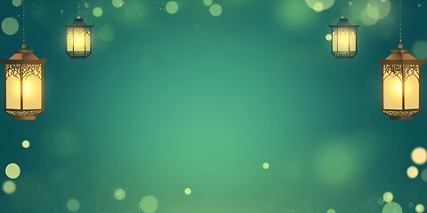 Ramadan background, the color green, with lanterns on the left side of it, in a cartoon style, simple design, with empty space in the middle for text. bokeh background