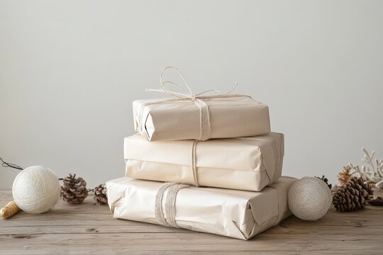 Stack of Elegant Gift Packages on a Rustic Wooden Table Surface